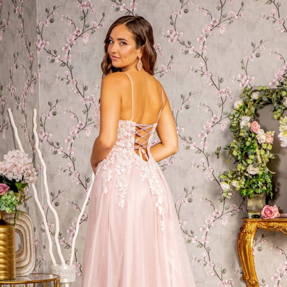 NEW FORMAL SLEEVELESS LACE UP BACK DRESS EMBROIDERED WITH FLORAL LACE GL3328 - Picture 8 of 12